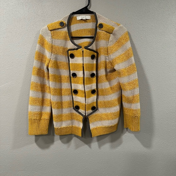 LOFT Ann Taylor Striped Mustard Oatmeal Miltary Style Cardigan - Picture 2 of 5